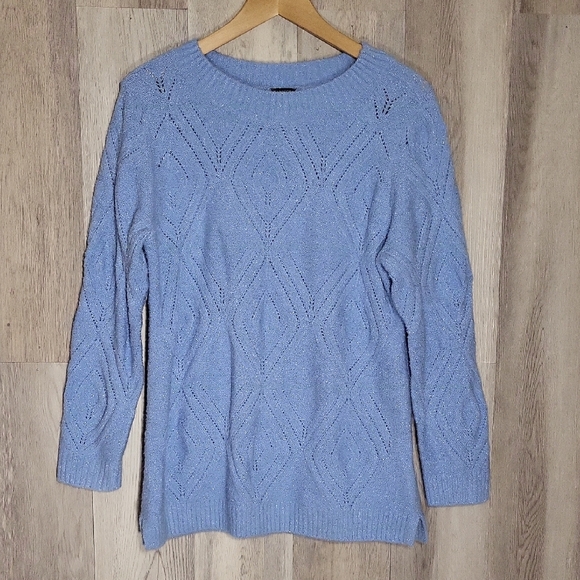 🛍Talbots Womens L Petite Sweater Blue Open Cable Knit Metallic‎ Diamond Sparkly - Picture 1 of 4